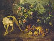 Dog Guarding Game near a Rosebush Francois Desportes